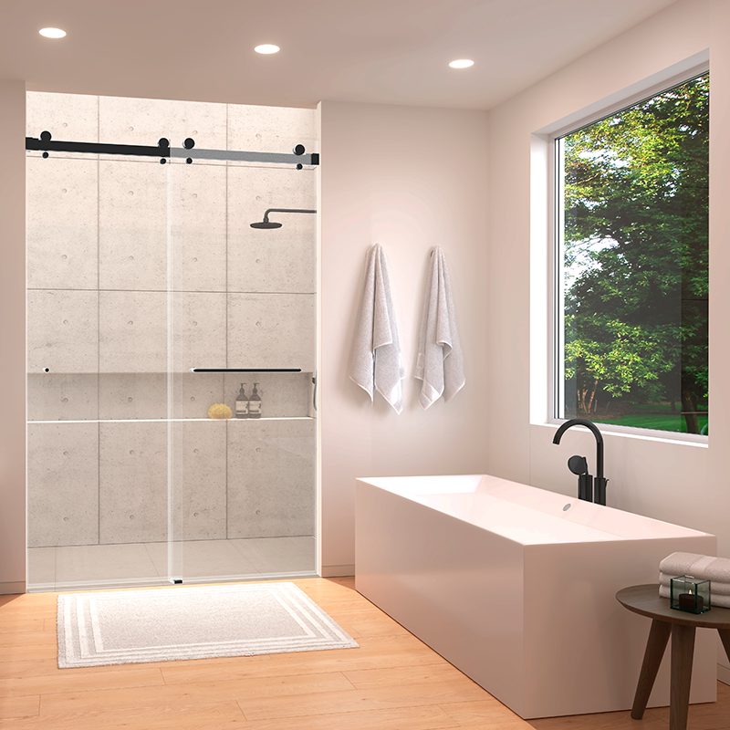 Frameless glass shower in a bright bathroom with a freestanding tub