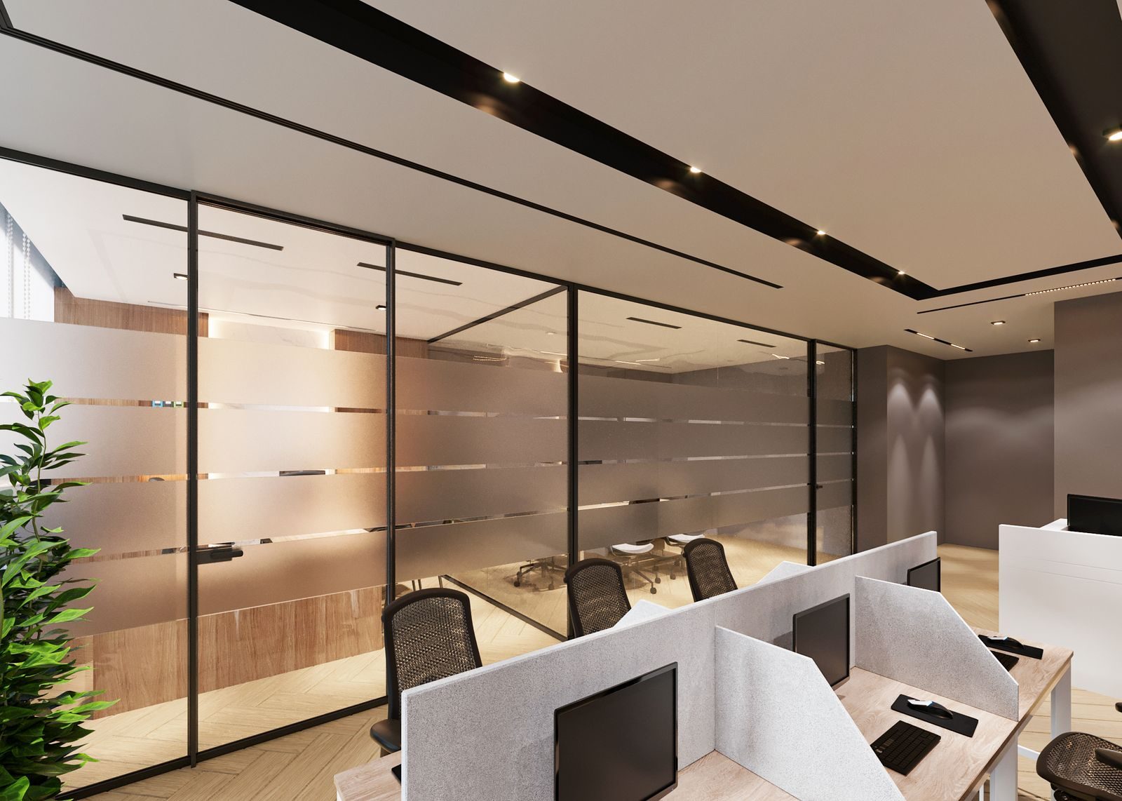 Glass office partitions with black frames